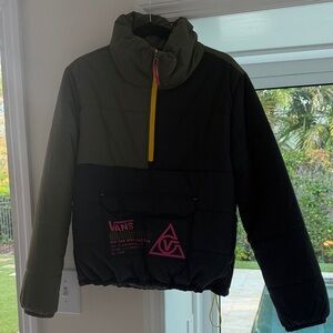 Vans Black and Olive Puffer Jacket with Pink Accents